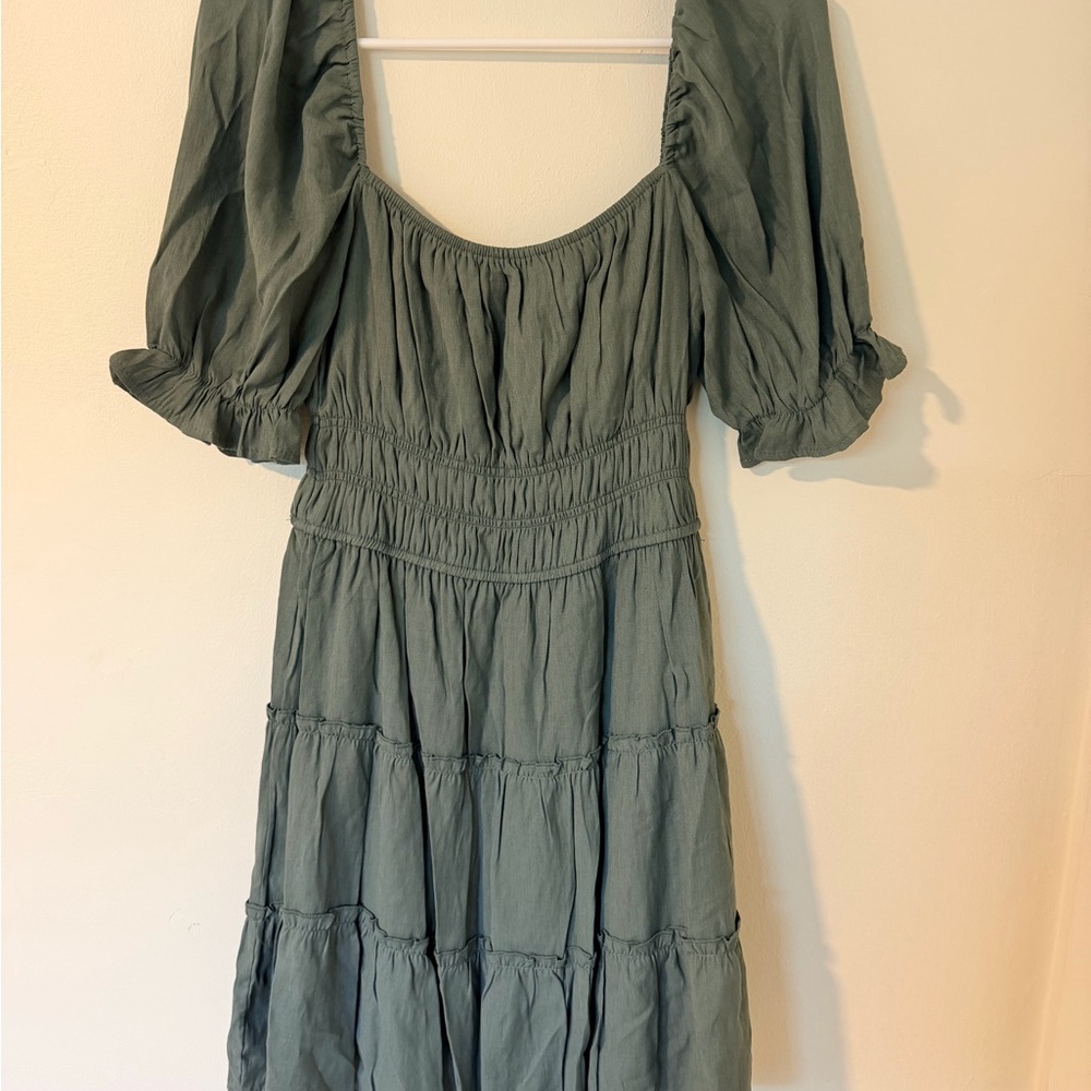 Altar'd State Sage Green Tiered Puff Sleeve Midi Dress